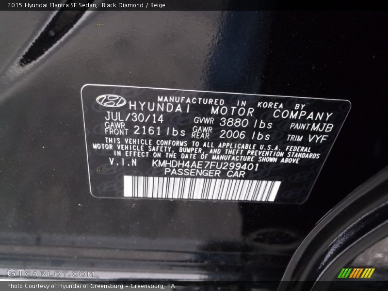 Black Diamond / Beige 2015 Hyundai Elantra SE Sedan