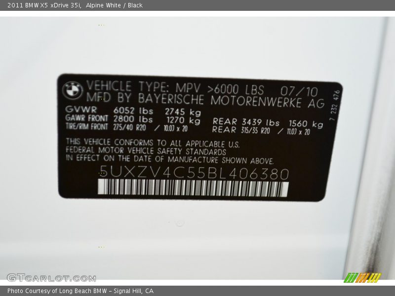 Alpine White / Black 2011 BMW X5 xDrive 35i