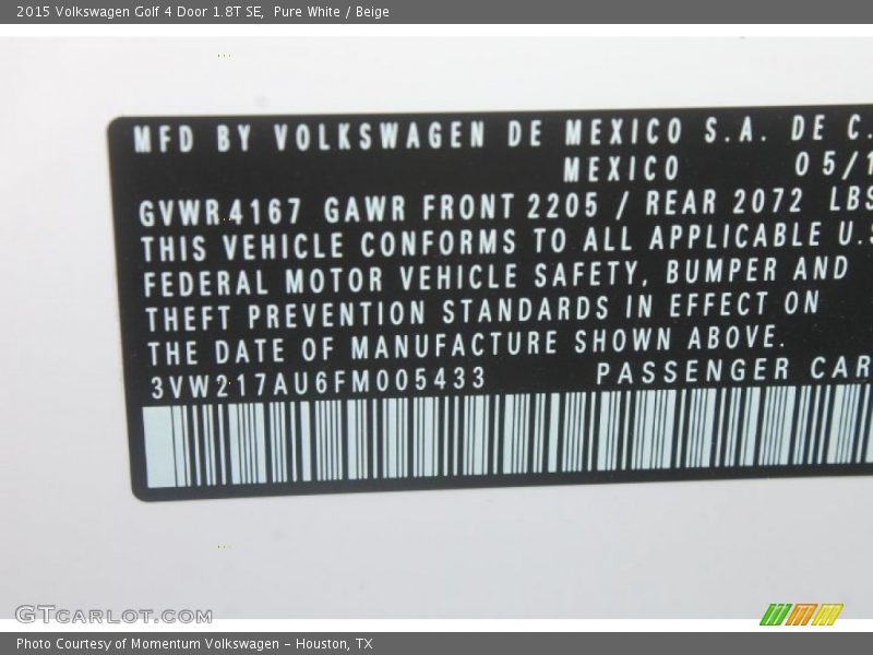 Pure White / Beige 2015 Volkswagen Golf 4 Door 1.8T SE