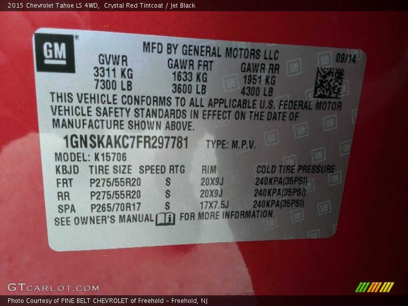 Info Tag of 2015 Tahoe LS 4WD