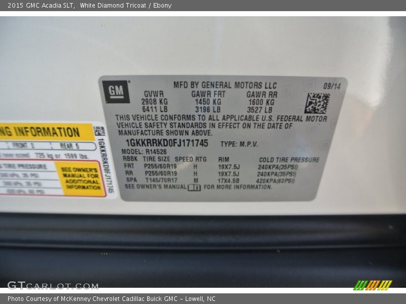 White Diamond Tricoat / Ebony 2015 GMC Acadia SLT