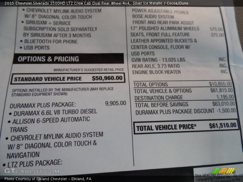 Silver Ice Metallic / Cocoa/Dune 2015 Chevrolet Silverado 3500HD LTZ Crew Cab Dual Rear Wheel 4x4