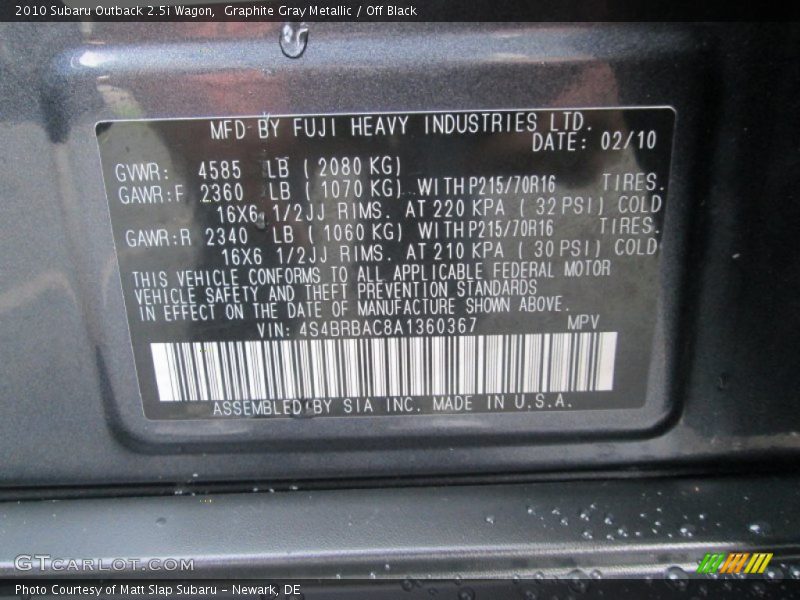 Graphite Gray Metallic / Off Black 2010 Subaru Outback 2.5i Wagon