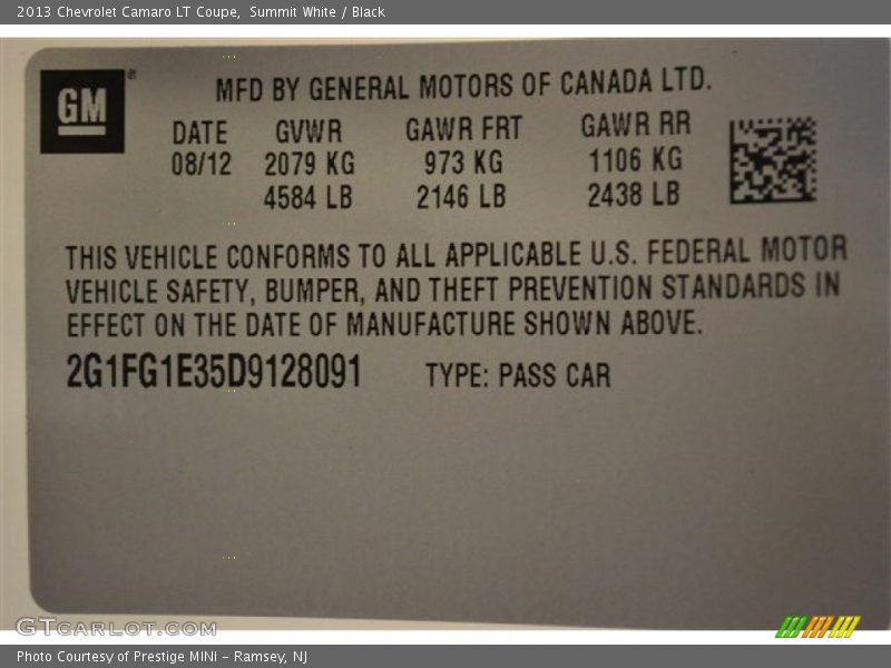 Summit White / Black 2013 Chevrolet Camaro LT Coupe