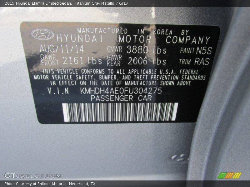 Titanium Gray Metallic / Gray 2015 Hyundai Elantra Limited Sedan