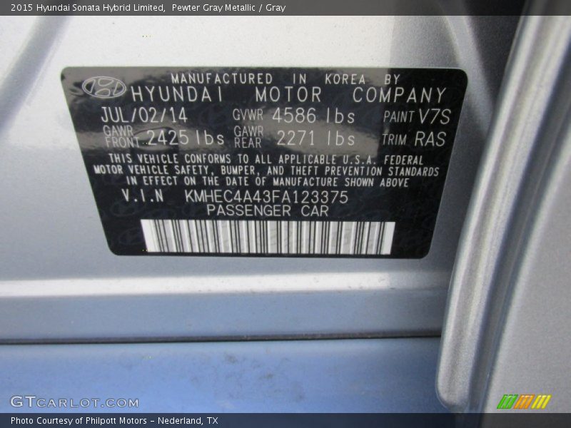 2015 Sonata Hybrid Limited Pewter Gray Metallic Color Code V7S