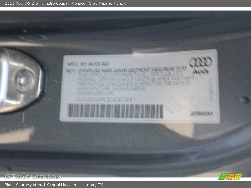 Monsoon Gray Metallic / Black 2012 Audi A5 2.0T quattro Coupe