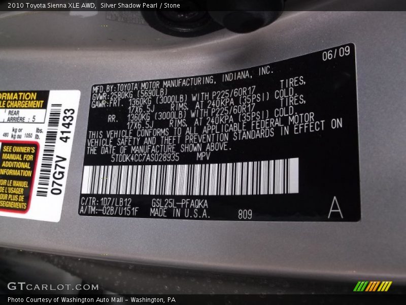 Silver Shadow Pearl / Stone 2010 Toyota Sienna XLE AWD