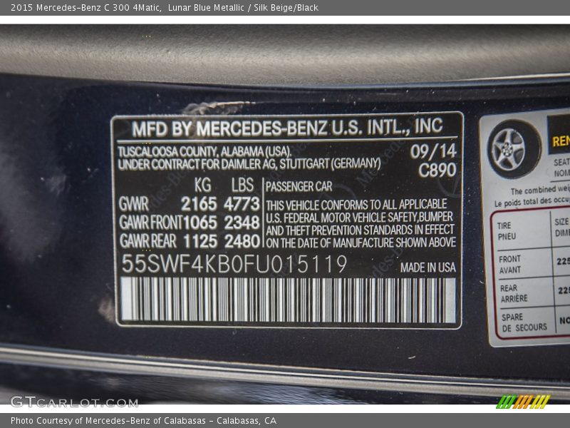 Lunar Blue Metallic / Silk Beige/Black 2015 Mercedes-Benz C 300 4Matic