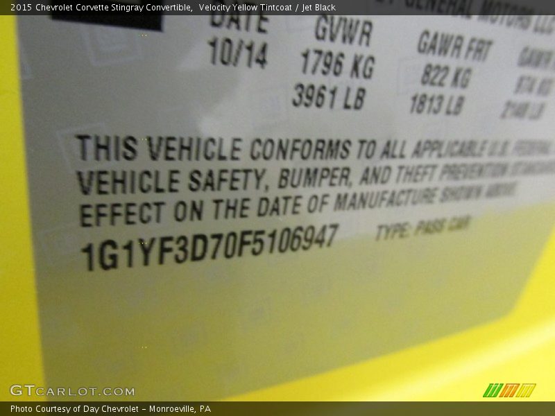 Velocity Yellow Tintcoat / Jet Black 2015 Chevrolet Corvette Stingray Convertible