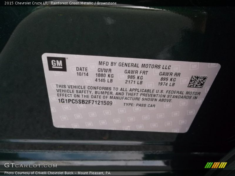 Rainforest Green Metallic / Brownstone 2015 Chevrolet Cruze LT