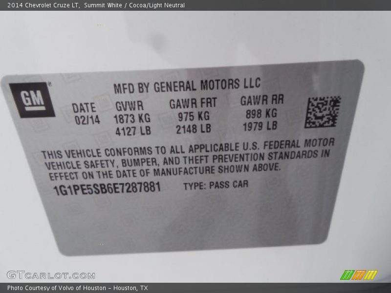 Summit White / Cocoa/Light Neutral 2014 Chevrolet Cruze LT