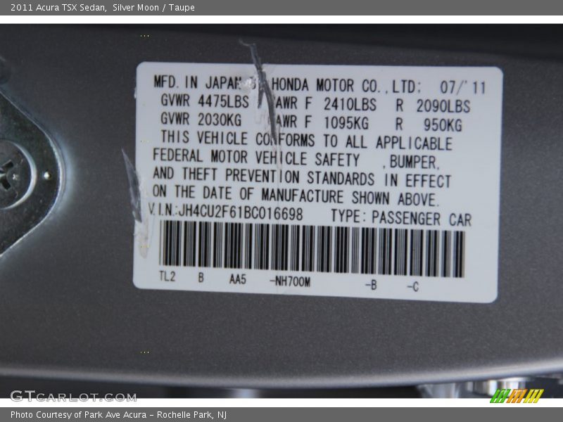Silver Moon / Taupe 2011 Acura TSX Sedan