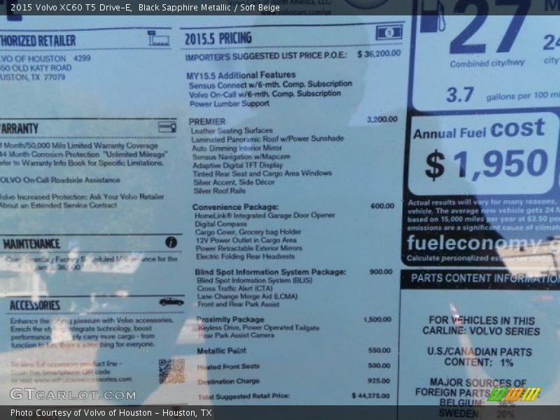 Black Sapphire Metallic / Soft Beige 2015 Volvo XC60 T5 Drive-E