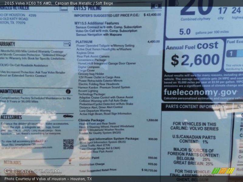 Caspian Blue Metallic / Soft Beige 2015 Volvo XC60 T6 AWD