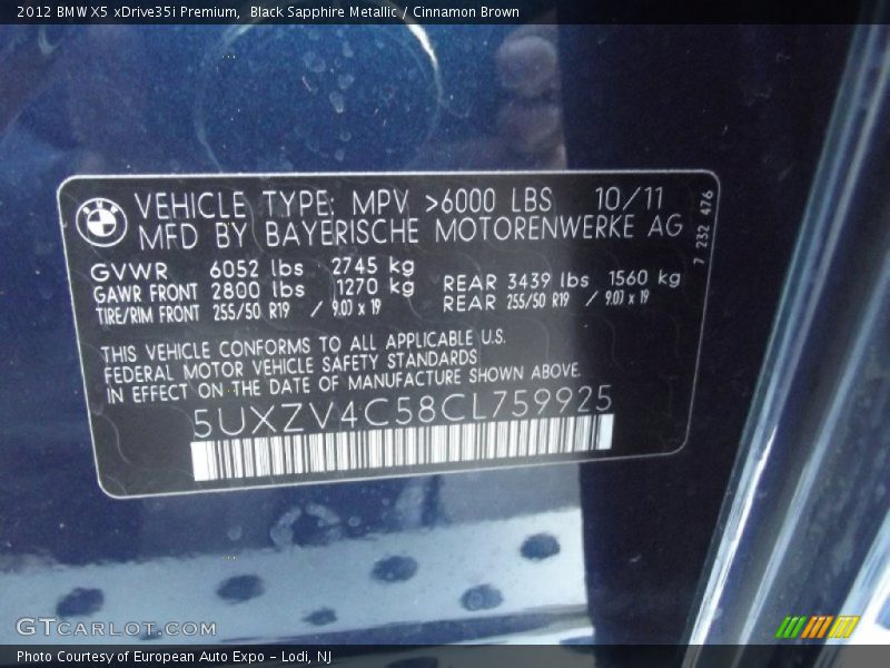 Black Sapphire Metallic / Cinnamon Brown 2012 BMW X5 xDrive35i Premium