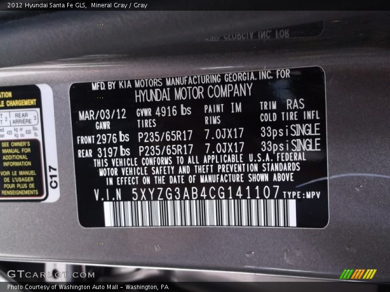 Mineral Gray / Gray 2012 Hyundai Santa Fe GLS