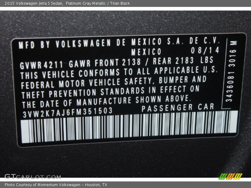 Info Tag of 2015 Jetta S Sedan