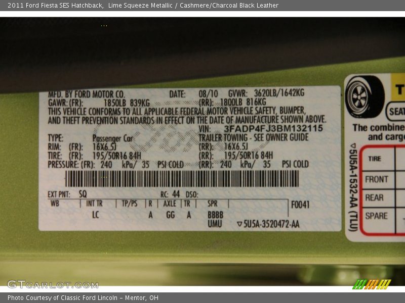 2011 Fiesta SES Hatchback Lime Squeeze Metallic Color Code SQ