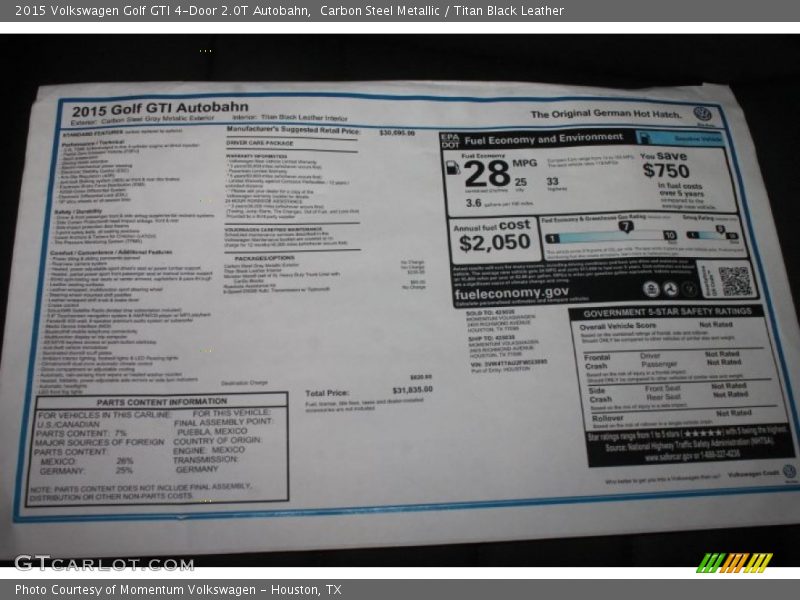  2015 Golf GTI 4-Door 2.0T Autobahn Window Sticker