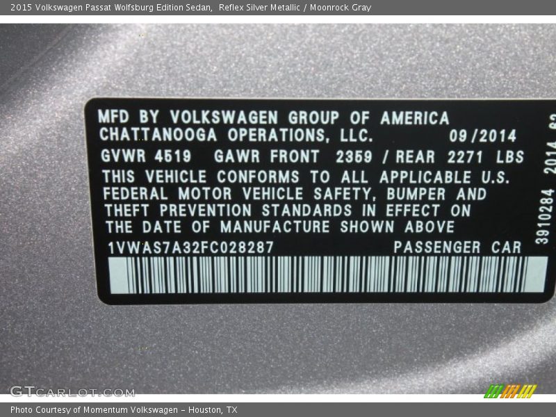 Reflex Silver Metallic / Moonrock Gray 2015 Volkswagen Passat Wolfsburg Edition Sedan