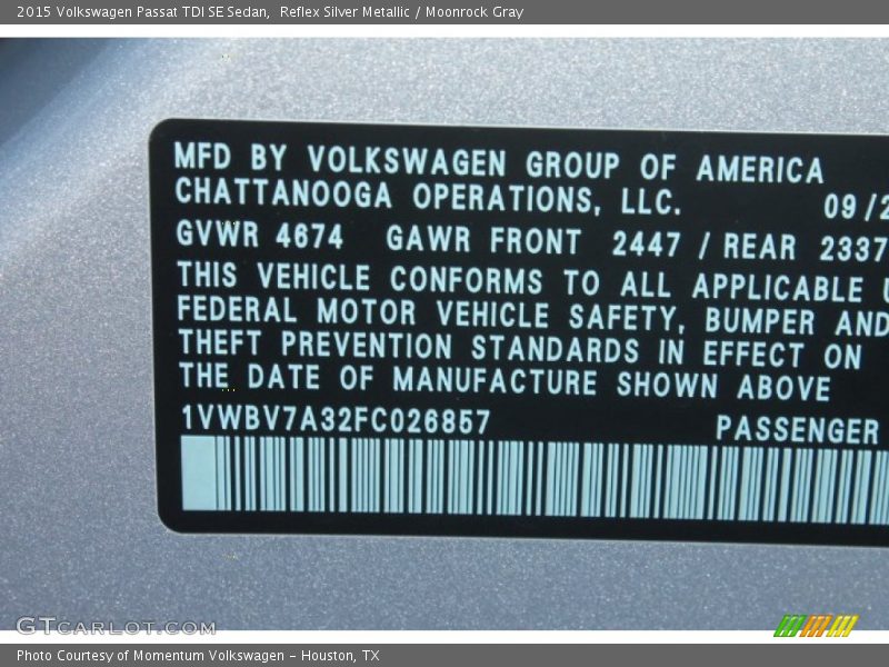Reflex Silver Metallic / Moonrock Gray 2015 Volkswagen Passat TDI SE Sedan