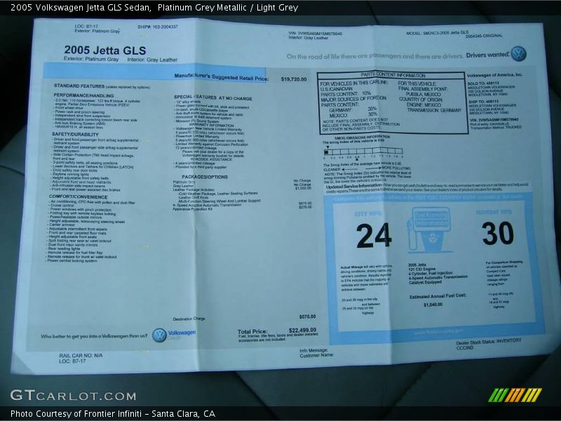 Platinum Grey Metallic / Light Grey 2005 Volkswagen Jetta GLS Sedan