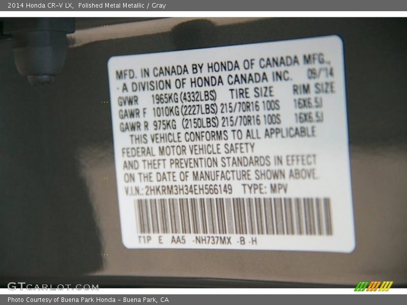 Polished Metal Metallic / Gray 2014 Honda CR-V LX
