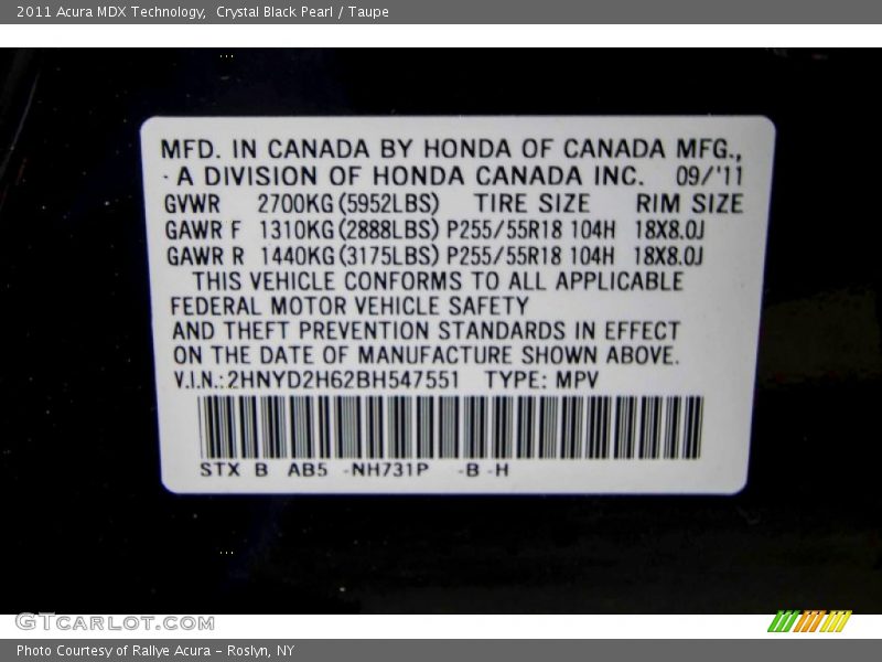 Crystal Black Pearl / Taupe 2011 Acura MDX Technology