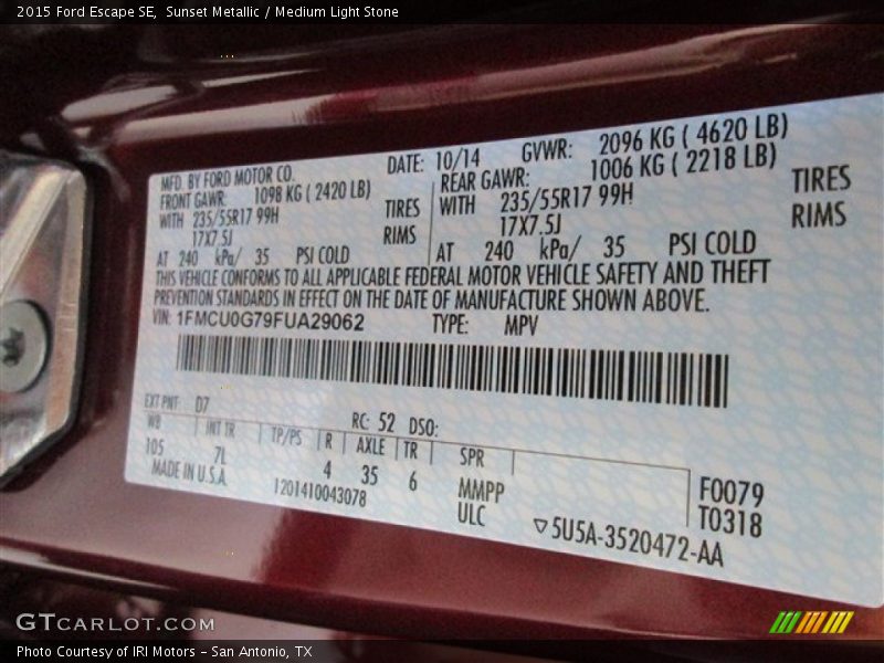 2015 Escape SE Sunset Metallic Color Code D7