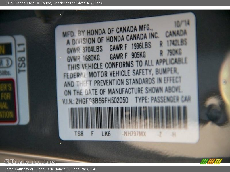 2015 Civic LX Coupe Modern Steel Metallic Color Code NH797MX