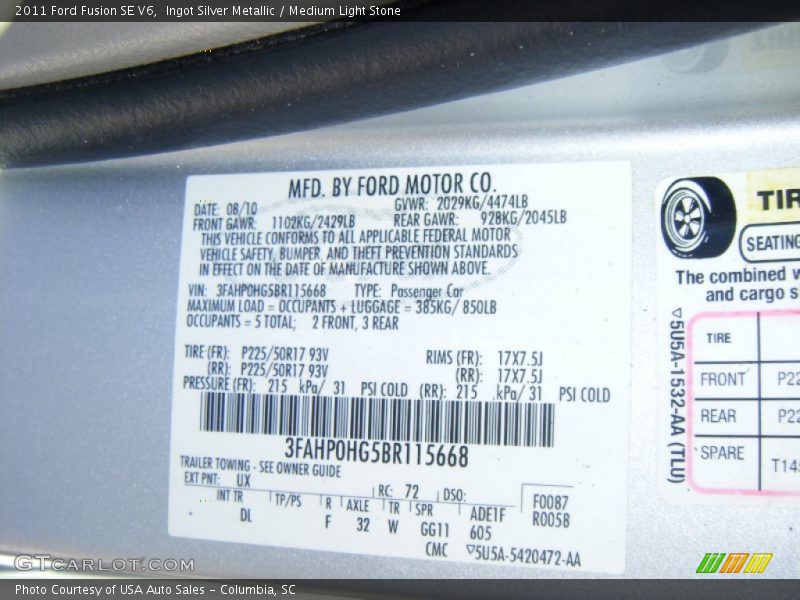 Ingot Silver Metallic / Medium Light Stone 2011 Ford Fusion SE V6