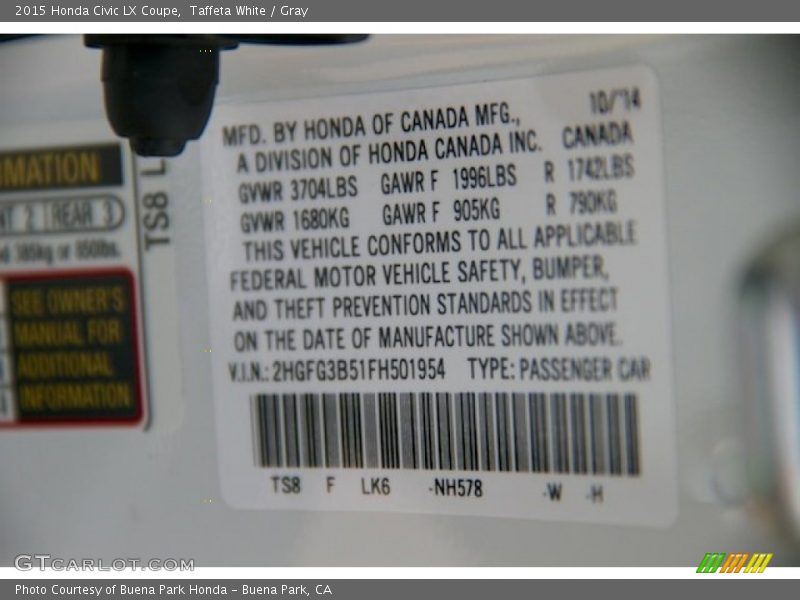 Taffeta White / Gray 2015 Honda Civic LX Coupe