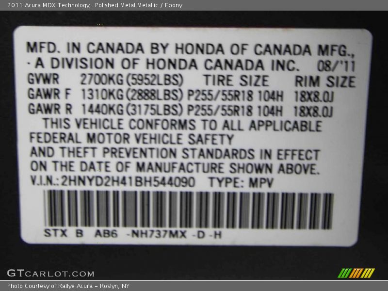 Polished Metal Metallic / Ebony 2011 Acura MDX Technology