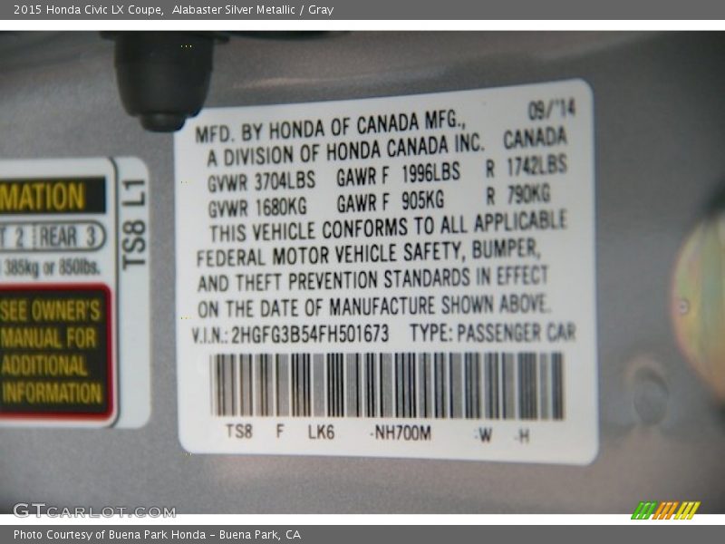 Alabaster Silver Metallic / Gray 2015 Honda Civic LX Coupe