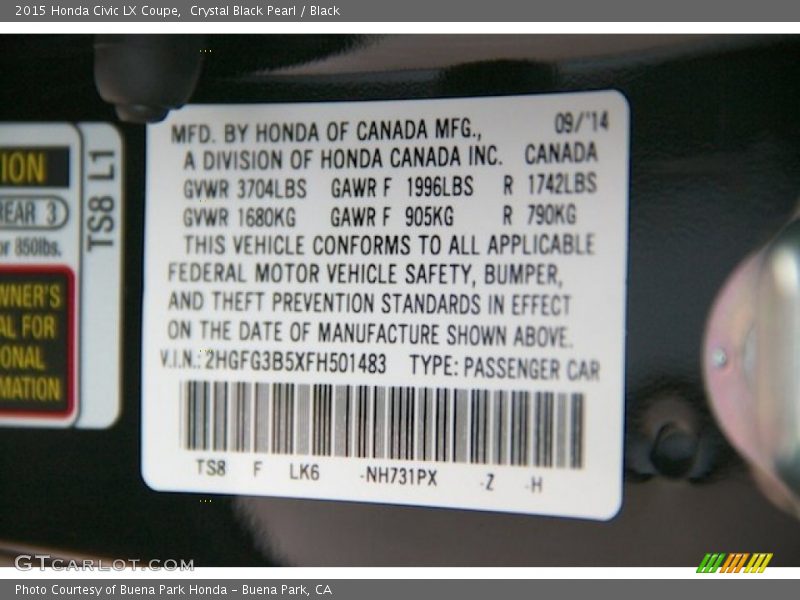 2015 Civic LX Coupe Crystal Black Pearl Color Code NH731PX