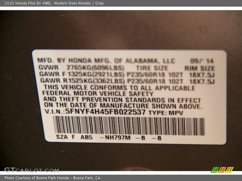 Modern Steel Metallic / Gray 2015 Honda Pilot EX 4WD