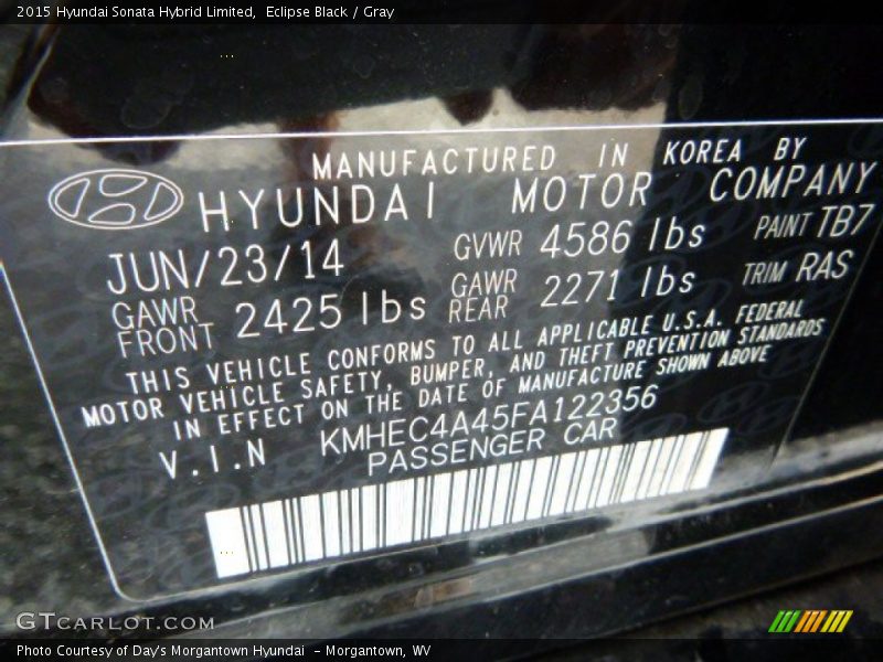 Eclipse Black / Gray 2015 Hyundai Sonata Hybrid Limited