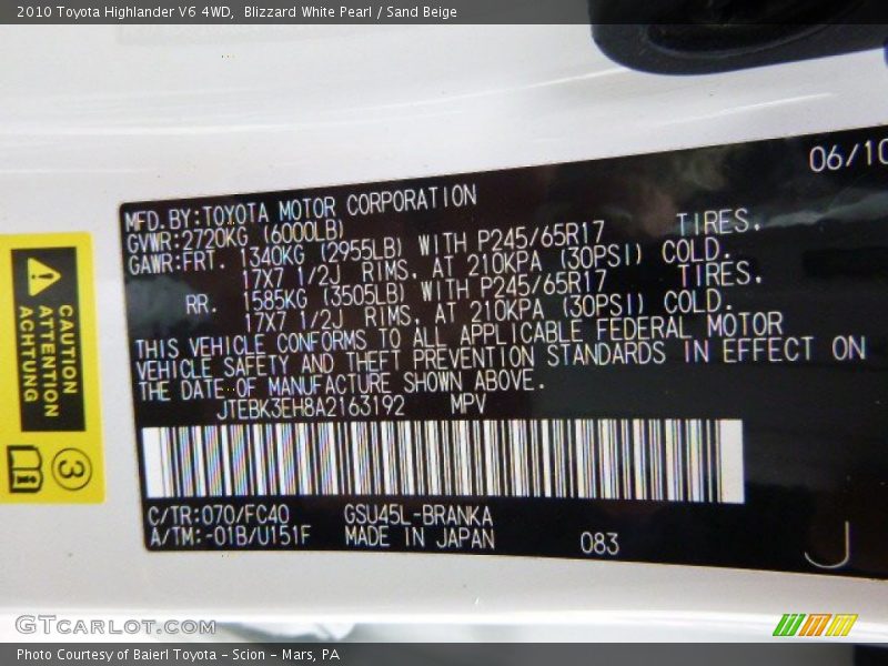 Blizzard White Pearl / Sand Beige 2010 Toyota Highlander V6 4WD