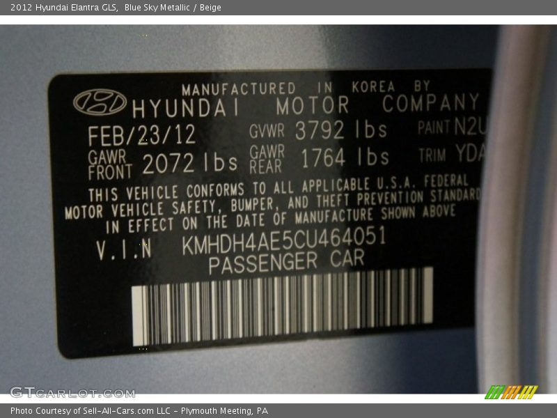 Blue Sky Metallic / Beige 2012 Hyundai Elantra GLS