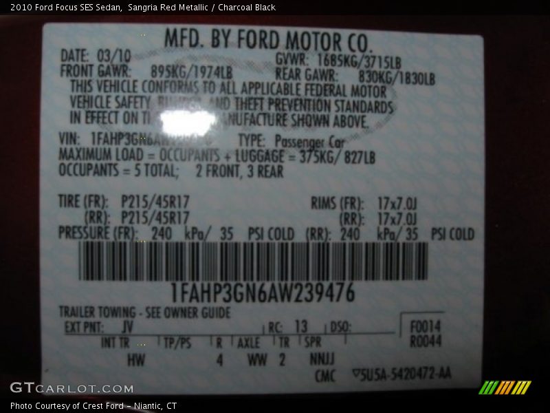 Sangria Red Metallic / Charcoal Black 2010 Ford Focus SES Sedan