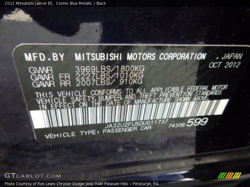Cosmic Blue Metallic / Black 2013 Mitsubishi Lancer ES