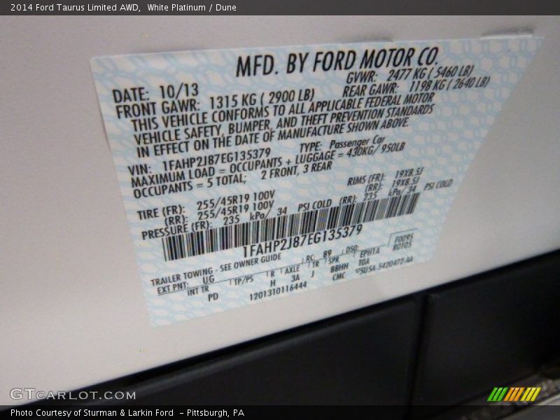 White Platinum / Dune 2014 Ford Taurus Limited AWD