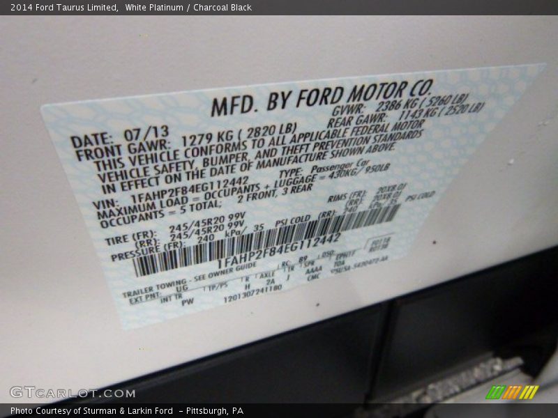 White Platinum / Charcoal Black 2014 Ford Taurus Limited