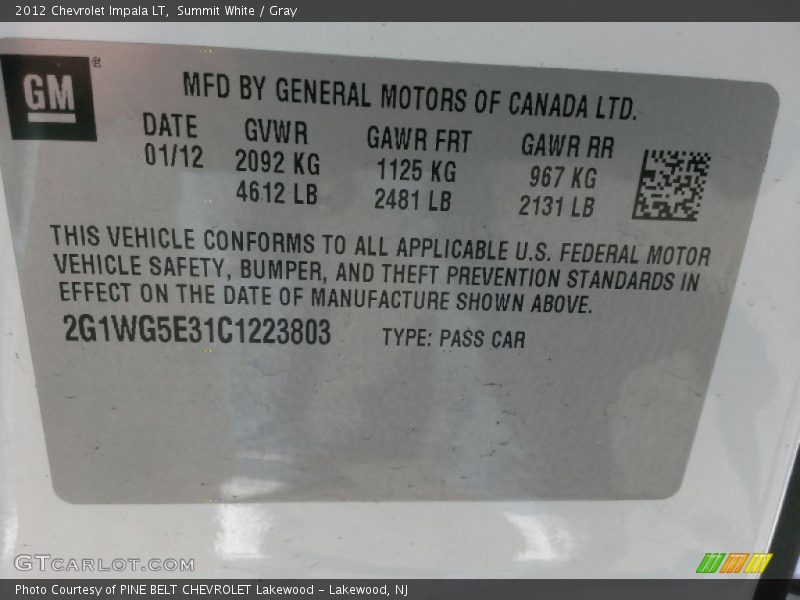 Summit White / Gray 2012 Chevrolet Impala LT