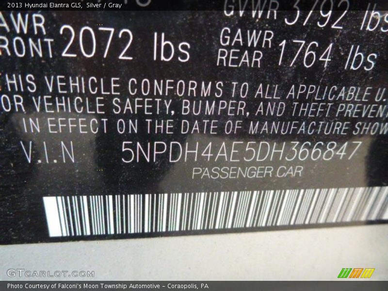 Silver / Gray 2013 Hyundai Elantra GLS