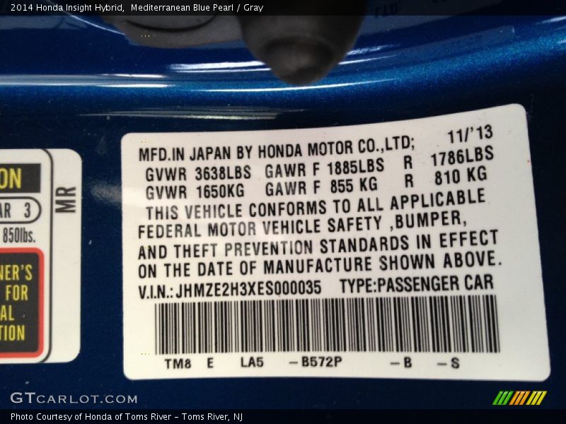 2014 Insight Hybrid Mediterranean Blue Pearl Color Code B572P