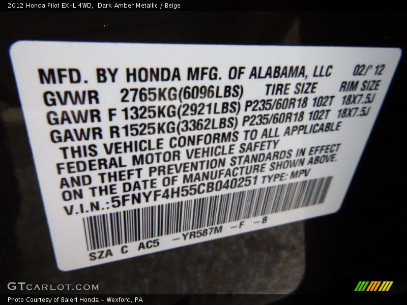 Dark Amber Metallic / Beige 2012 Honda Pilot EX-L 4WD