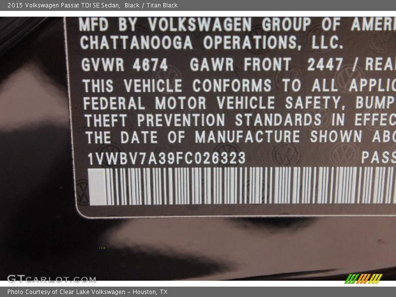 Black / Titan Black 2015 Volkswagen Passat TDI SE Sedan