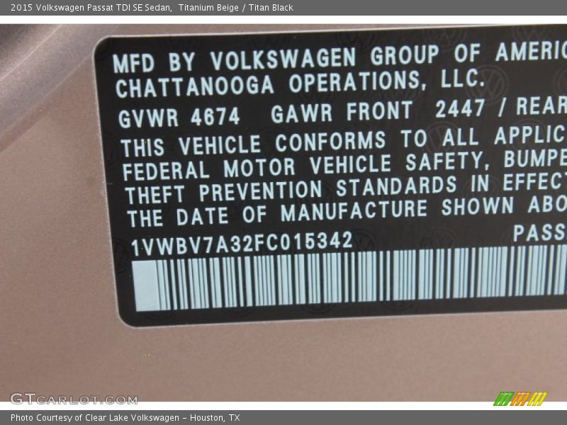 Titanium Beige / Titan Black 2015 Volkswagen Passat TDI SE Sedan